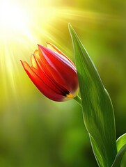 Wall Mural - Vibrant red tulip blooming in sunlight, showcasing nature's beauty, with lush green leaves, symbolizing spring and renewal, floral concept