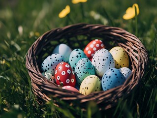 Poster - Brightly colored Easter eggs with unique patterns nestled in a wicker basket on green grass : Generative AI