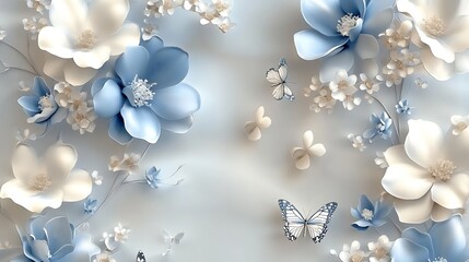 Poster - Artistic floral background featuring blue and white flowers with delicate butterflies and a serene ambiance : Generative AI