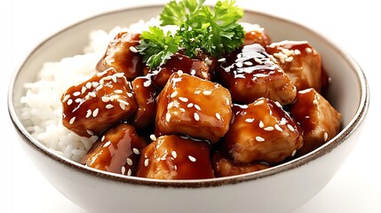 Aufkleber - Delicious Asian Chicken Dish with Sesame Seeds Served Over Steamed Rice in a White Bowl : Generative AI