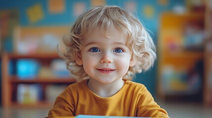 Aufkleber - Smiling young child with curly blonde hair captures innocence and joy in vibrant indoor setting : Generative AI