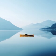 Fototapete - Kayak gliding silently across a tranquil mountain lake at dawn with misty peaks surrounding the peaceful waters. Generative AI