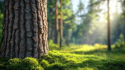 Wall Mural - Sunlit forest moss, tree trunk, peaceful nature scene, background blur