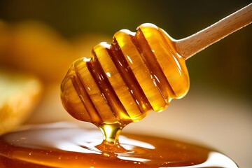 Poster - Beautiful honey dripping from a wooden dipper against a blurred natural background : Generative AI