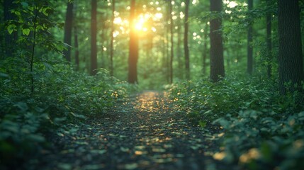 Wall Mural - Sunlit forest path, evening, nature, tranquility