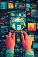 Poster - Illustration of analysis with hands holding a magnifying glass over data charts