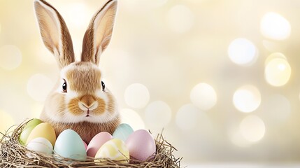 Poster - Adorable rabbit surrounded by colorful Easter eggs in a cozy nest with soft bokeh background : Generative AI