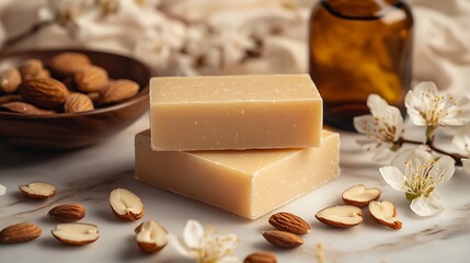 Aufkleber - Nourishing natural soap bars stacked elegantly with almonds and gentle flowers ideal for home and spa use : Generative AI