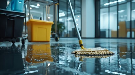 Wall Mural - A mop in close-up, together with a cleaning cart and necessary epoxy-friendly cleaning supplies, is seen cleaning an office floor.