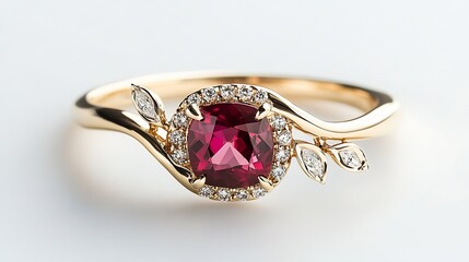 Aufkleber - Stunning gold ring featuring a vibrant ruby and elegant diamond accents with leaf motif : Generative AI