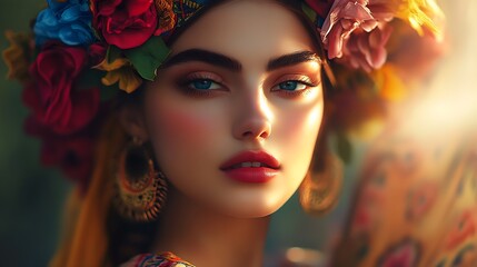 Poster - stunning portrait of a woman adorned with flowers showcasing natural beauty and vibrant colors : gen