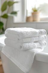 Aufkleber - Stack of Soft White Towels on Bathtub Edge for a Refreshing Spa-Like At-Home Experience : Generative AI