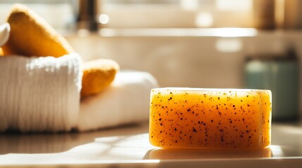 Aufkleber - Natural exfoliating soap bar with poppy seeds in tranquil bathroom light setting : Generative AI