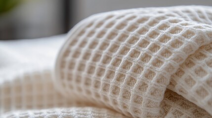 Poster - Rolled up beige blanket displayed in a serene setting highlighting its unique woven design : Generative AI