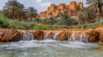 Wall Mural - Majestic Ancient Clay Fort Surrounded by Verdant Oasis with Flowing Water and Palm Trees Against a Clear Blue Sky in Historical Scenic Desert Landscape