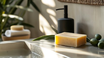 Poster - Charming Handmade Olive Oil Soap on Marble Surface with Green Olives and Sunlight in Spa : Generative AI