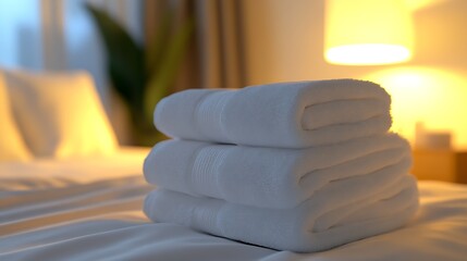 Poster - Neatly Rolled White Towels on a Bed Surrounded by Warm Light and Cozy Atmosphere : Generative AI