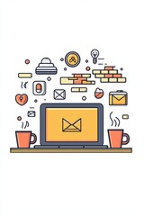 Poster - Creative workspace setup showcasing laptop, coffee mugs, and abstract icons