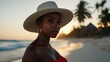 © World of AI - serene sunset beach photoshoot featuring a woman in a red bandeau top. She wears a wide-brimmed, textured white hat, adding a relaxed vacation aesthetic.