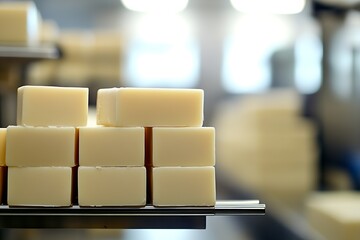Poster - Close-up view of stacked soap bars emphasizing smooth texture and modern aesthetic in a production facility : Generative AI