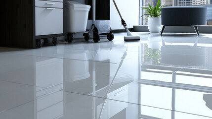 Wall Mural - A mop in close-up, together with a cleaning cart and necessary epoxy-friendly cleaning supplies, is seen cleaning an office floor.