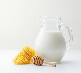 Poster - Pitcher of milk beside honey and honeycomb arranged beautifully on a light background representing simplicity : Generative AI