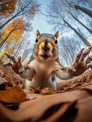 Aufkleber - Adventurous Squirrel Extending Its Paws in a Leafy Autumn Scene : Generative AI