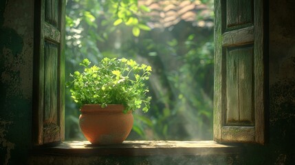 Wall Mural - Sunlit herbs in terracotta pot on rustic windowsill