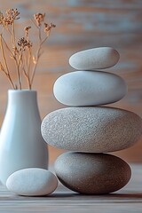 Poster - Elegant display of naturally shaped stones stacked with a simple vase of dried flowers : Generative AI