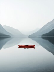 Poster - Lone kayak drifting on a tranquil mountain lake surrounded by misty peaks and reflections at dawn. Generative AI