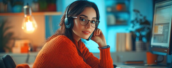 Poster - Young woman wearing headphones working in vibrant modern artistic office setting