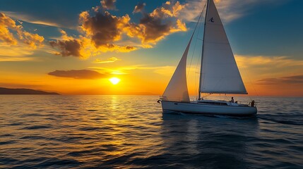 Wall Mural - Elegant sailboat gliding across a shimmering sea during a breathtaking sunset : Generative AI