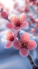 Poster - Stunning Frozen Blossom Flowers with Delicate Pink Petals in a Scenic Winter Setting : Generative AI