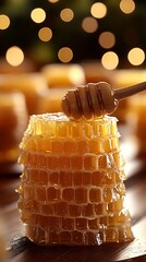 Poster - Artistic Shot of Honey Dripping from a Spoon onto Beautiful Honeycomb Structure : Generative AI