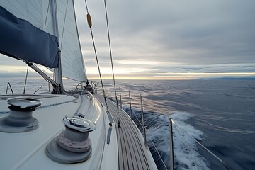 Wall Mural - Beautiful close-up view of the deck of a luxury sailing yacht navigating through smooth water at twilight with gentle waves : Generative AI