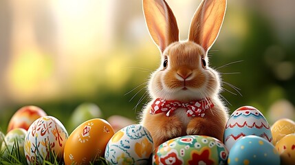 Poster - Cute bunny wearing a bow tie with Easter eggs in a cheerful spring setting : Generative AI
