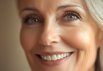 Poster - Close up of a happy middle aged woman with beautiful smile and bright eyes showcasing natural beauty and confidence : Generative AI