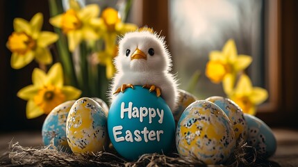 Poster - Endearing Chick with Happy Easter Egg Surrounded by Colorful Decorations and Cheerful Daffodils : Generative AI