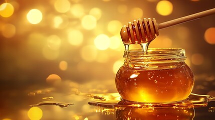 Poster - Honey Jar with Wooden Dipper Surrounded by Radiant Golden Bokeh Lights in a Beautiful Setting : Generative AI