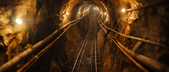 Wall Mural - The narrow mine shaft is lit by dim lamps and dark_004