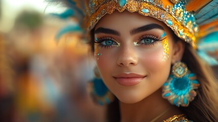 Poster - Beautiful Young Woman in Colorful Feather Headdress with Artistic Makeup Smiling at the Camera : Generative AI