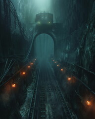 Wall Mural - The narrow mine shaft is lit by dim lamps and dark_011