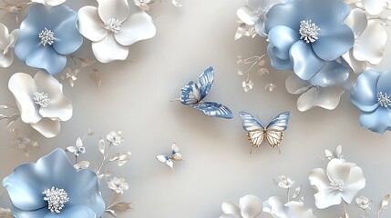 Poster - Elegant composition of blue and white flowers with butterflies set against a soft neutral background for tranquility : Generative AI