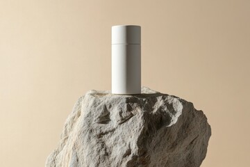 Poster - white container on rock, beige background, sunlight, product display
