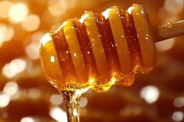 Poster - Golden Honey Dripping from Honey Dipper with a Warm Soft Focus Background of Honeycomb : Generative AI