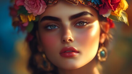 Poster - Enchanting close-up of a woman with floral crown highlighting delicate facial features and vibrant makeup : Generative AI