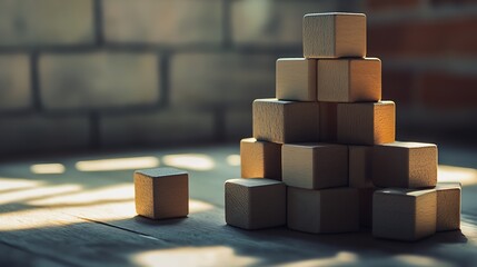 Leinwandbilder - Neutral wooden blocks arranged in a bright room with soft shadows illustrating simple beauty and creativity : Generative AI