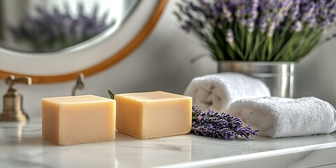 Poster - Beautifully arranged lavender soaps and towels in a stylish bathroom for a calming experience : Generative AI