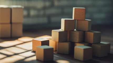 Aufkleber - Wooden blocks stacked aesthetically in warm light creating an inviting atmosphere : Generative AI