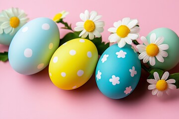 Poster - Whimsical Easter Eggs in Pastel Colors Surrounded by Charming White Daisies on Pink : Generative AI